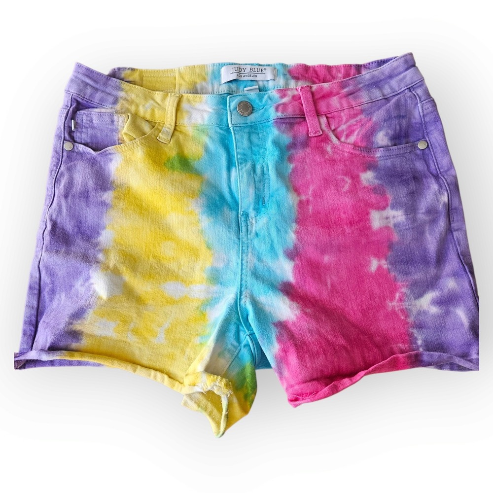 Judy Blue Snow Cone Tie Dye Denim‎ Shorts Colorful Casual High rise Women Size L